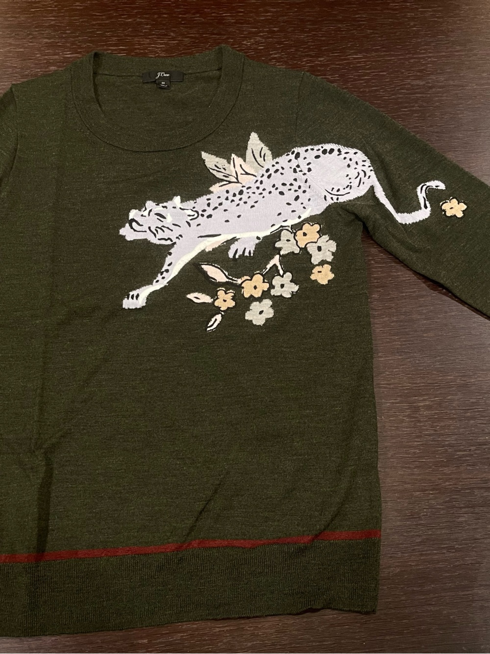 NWOT J Crew Vintage Women’s Olive Green Leopard & floral Applique Sweater Top